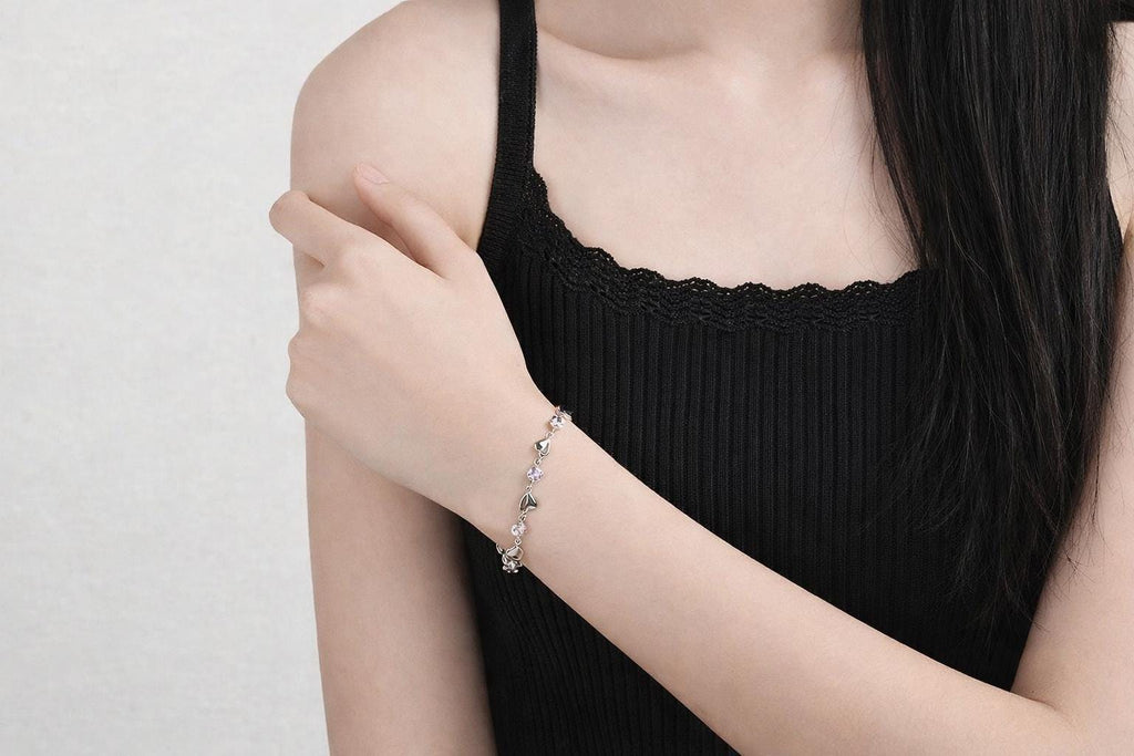Sterling Silver Plated Heart Link Bracelet, Blue Crystal Charms, Korean Style Jewelry