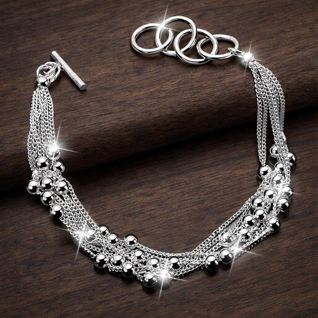 925 Sterling Silver Plated Layered Bead Bracelet, Six-Chain Dainty Jewelry