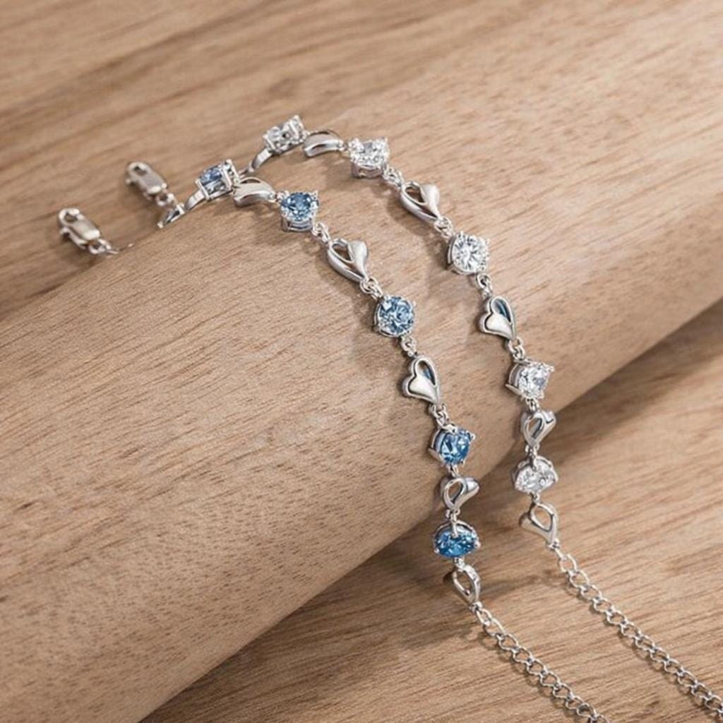 Sterling Silver Plated Heart Link Bracelet, Blue Crystal Charms, Korean Style Jewelry